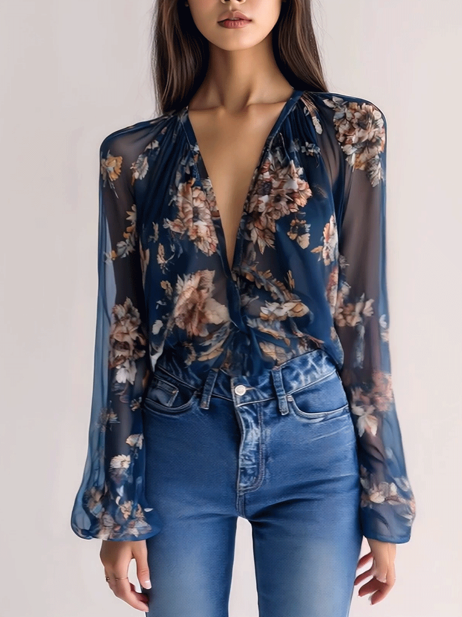 Elegant Bohemian Navy Floral Shirt