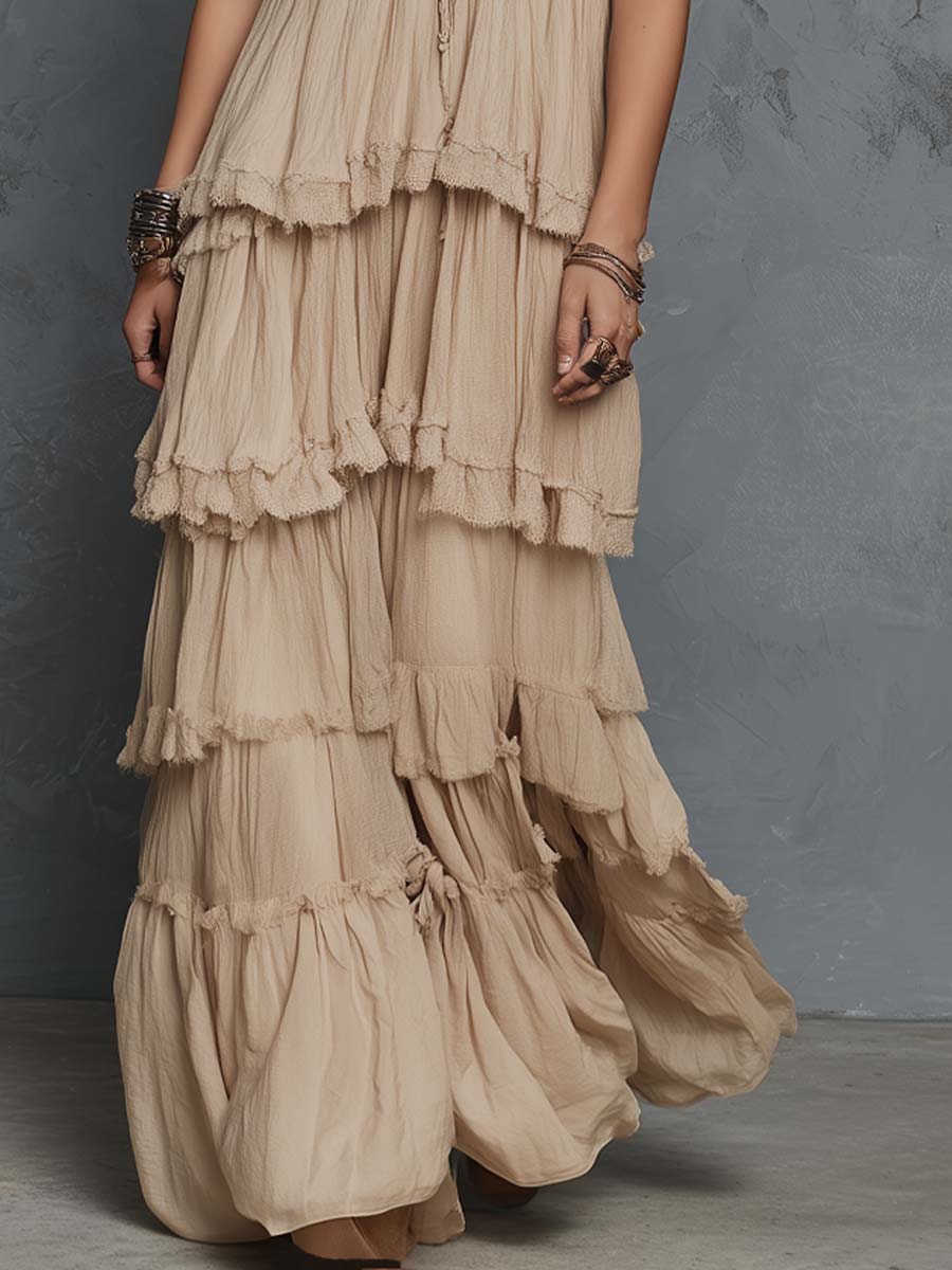 Vintage Layered Ruffle Lace Cotton Linen Maxi Dress