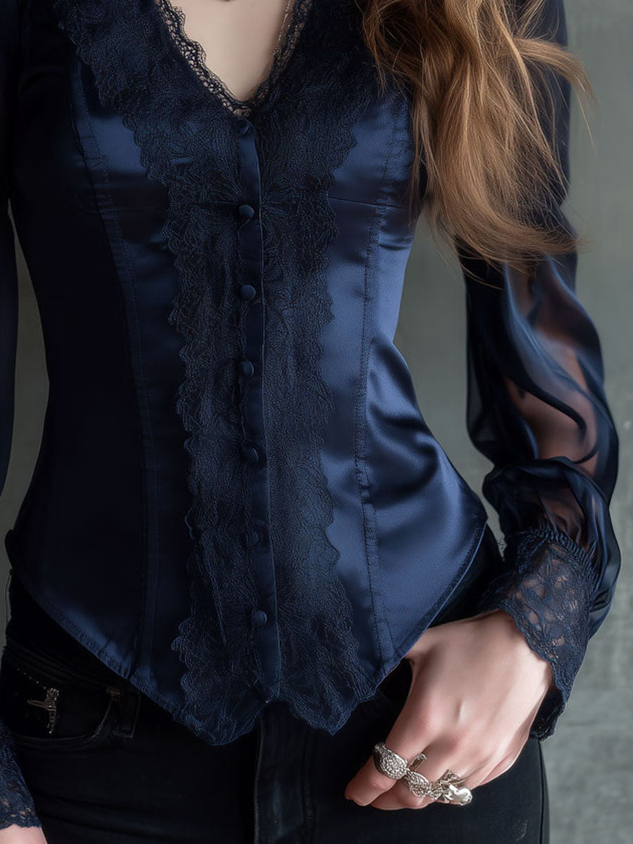 Vintage Victorian Navy Satin And Lace Blouse With Sheer Sleeve