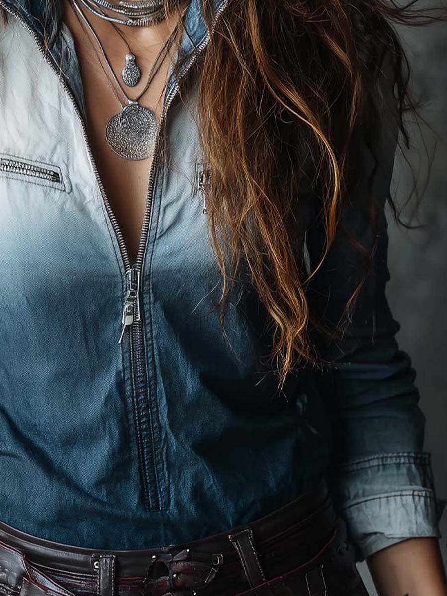 Gradient Washed Blue Denim Zip-Up Shirt