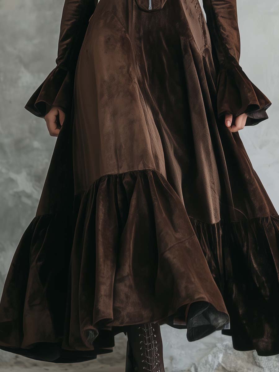 Chocolate Velvet Zip-Front Maxi Dress