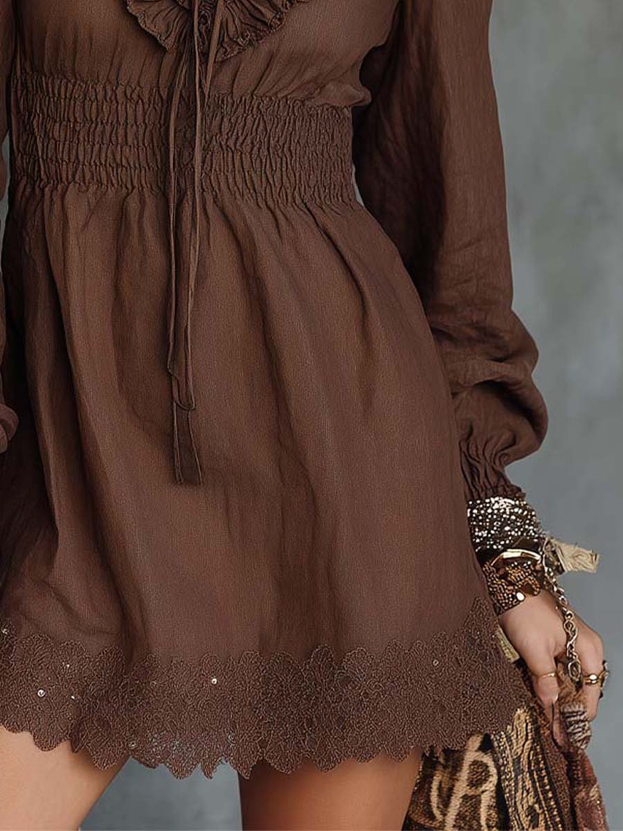 Ruffled V-Neck Mini Dress With Smocked Waist And Lace Hem