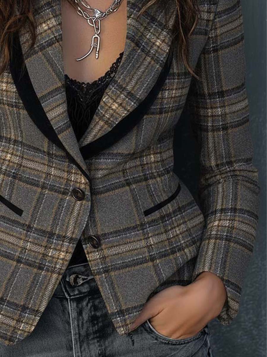 Wool-Blend Plaid Blazer With Velvet Lapel – Camel Gray Check