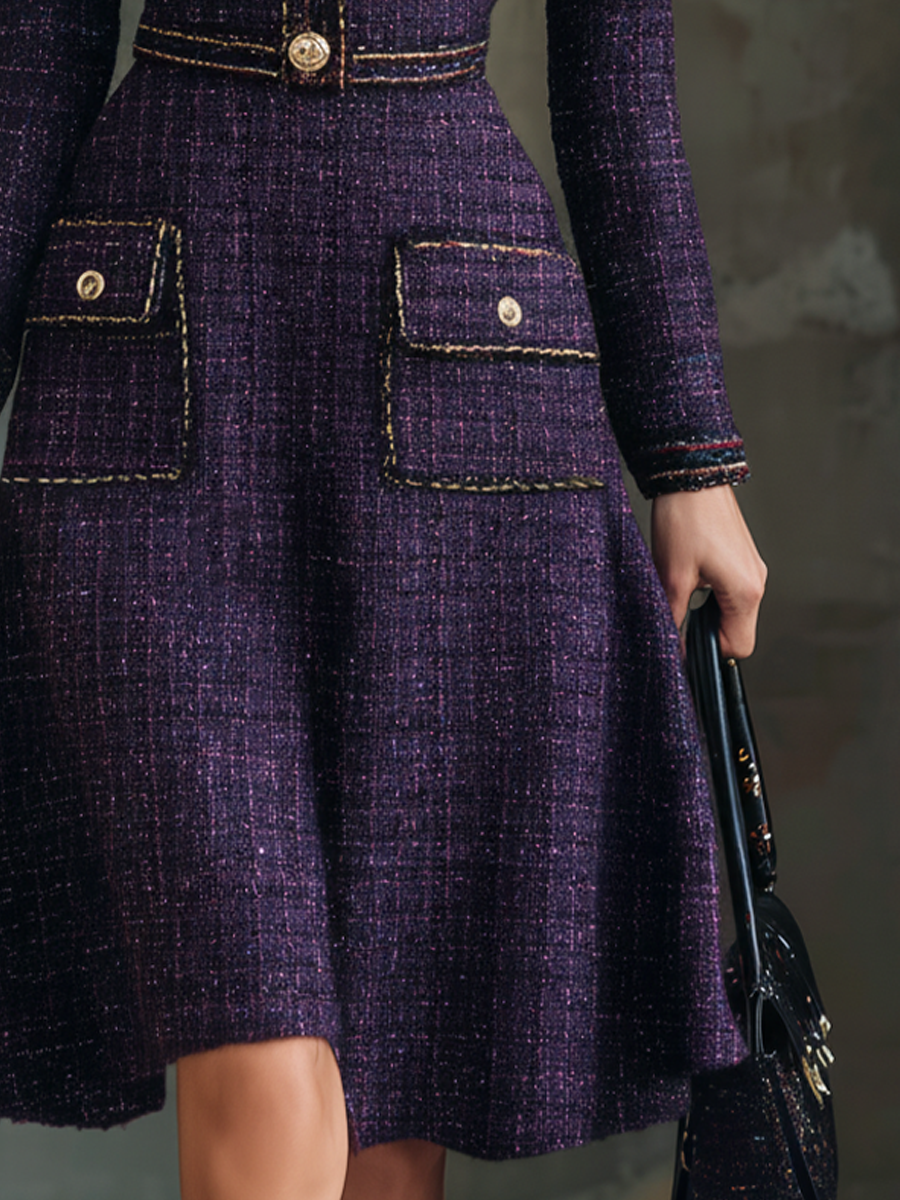 Vintage Buttons Chanel Style Tweed Midi Dress