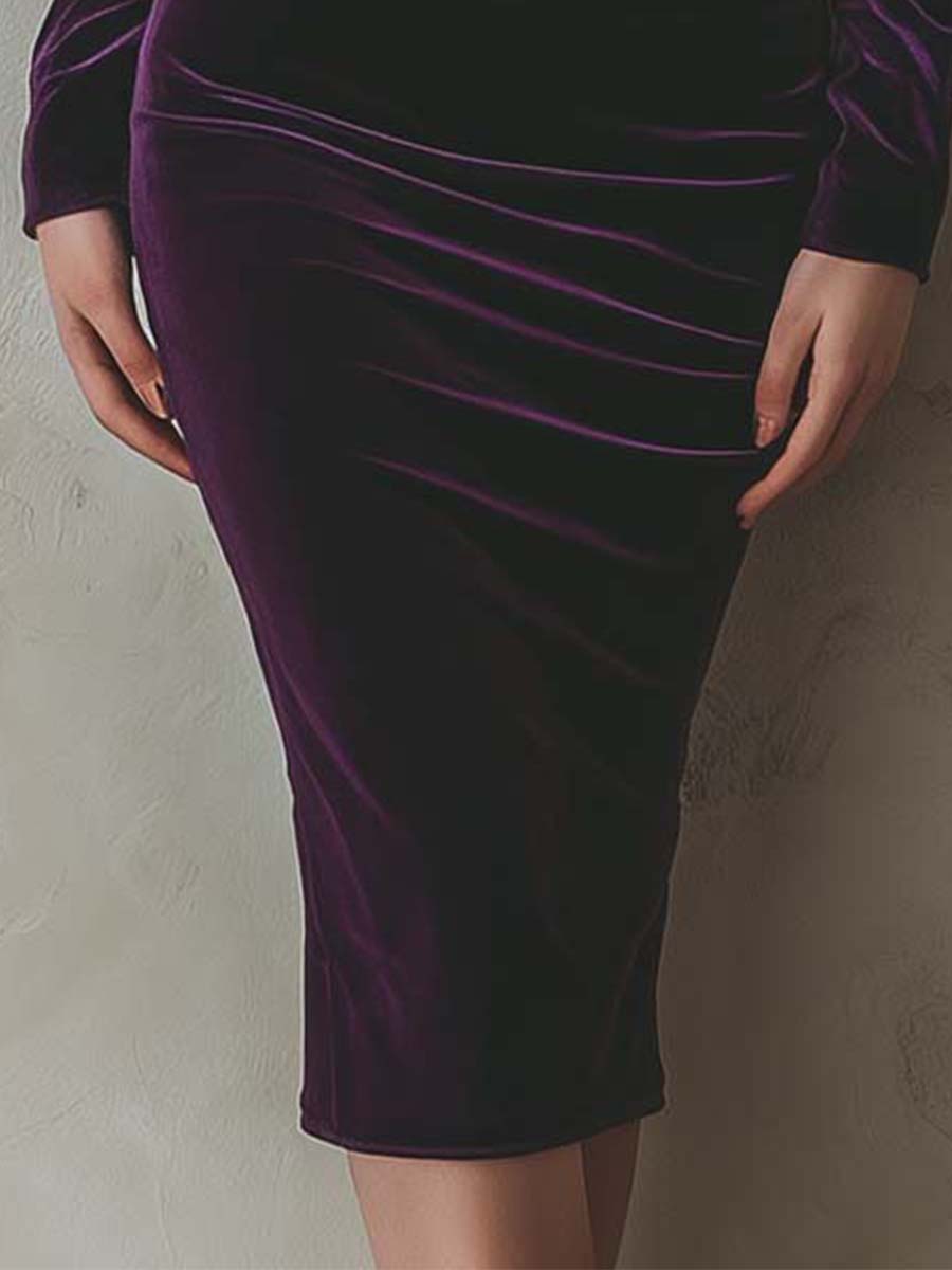 Exquisite And Elegant Purple Velvet Slim-fit Long-sleeved Midi Dress