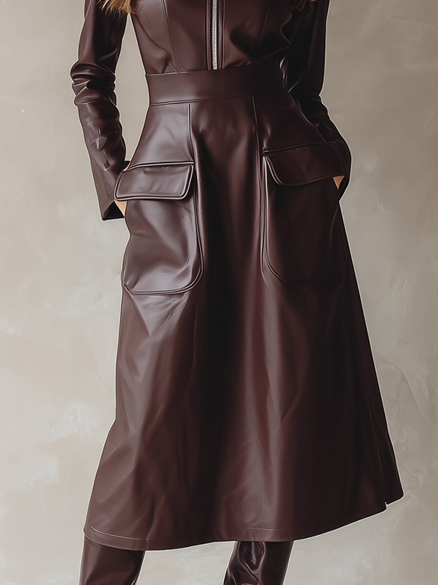 Retro Eco-friendly Leather Half-open Zipper Flap Pocket Midi Dress