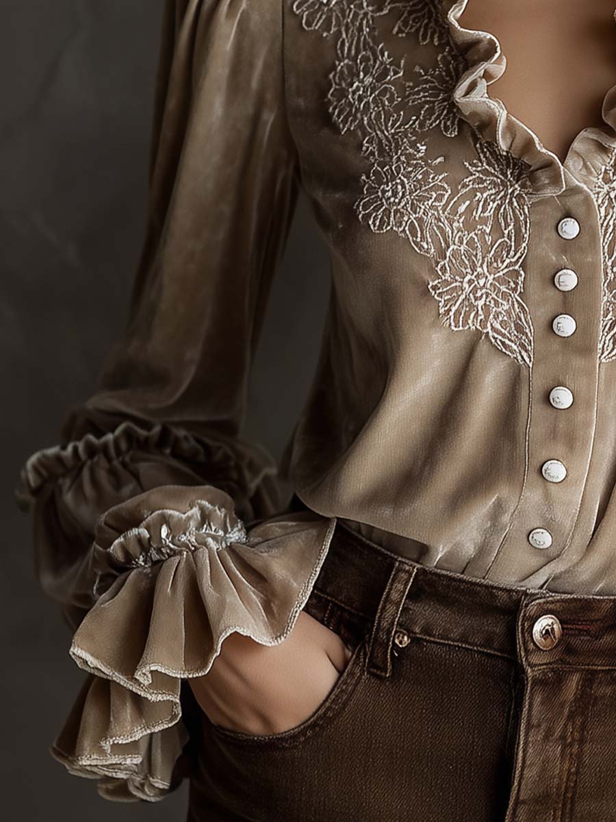 Champagne Beige Floral Embroidered Ruffled Velvet Shirt