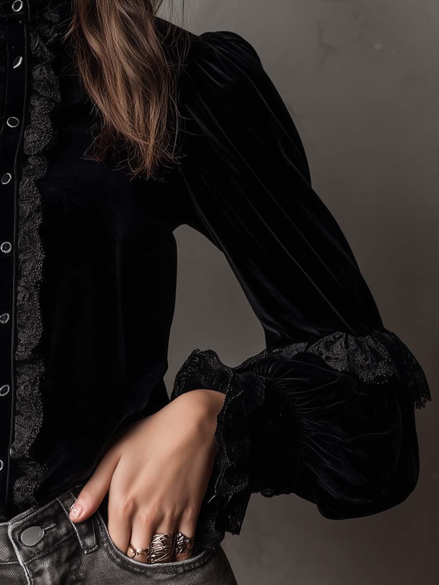 Velvet Ruffle Lace Blouse With Puff Sleeves