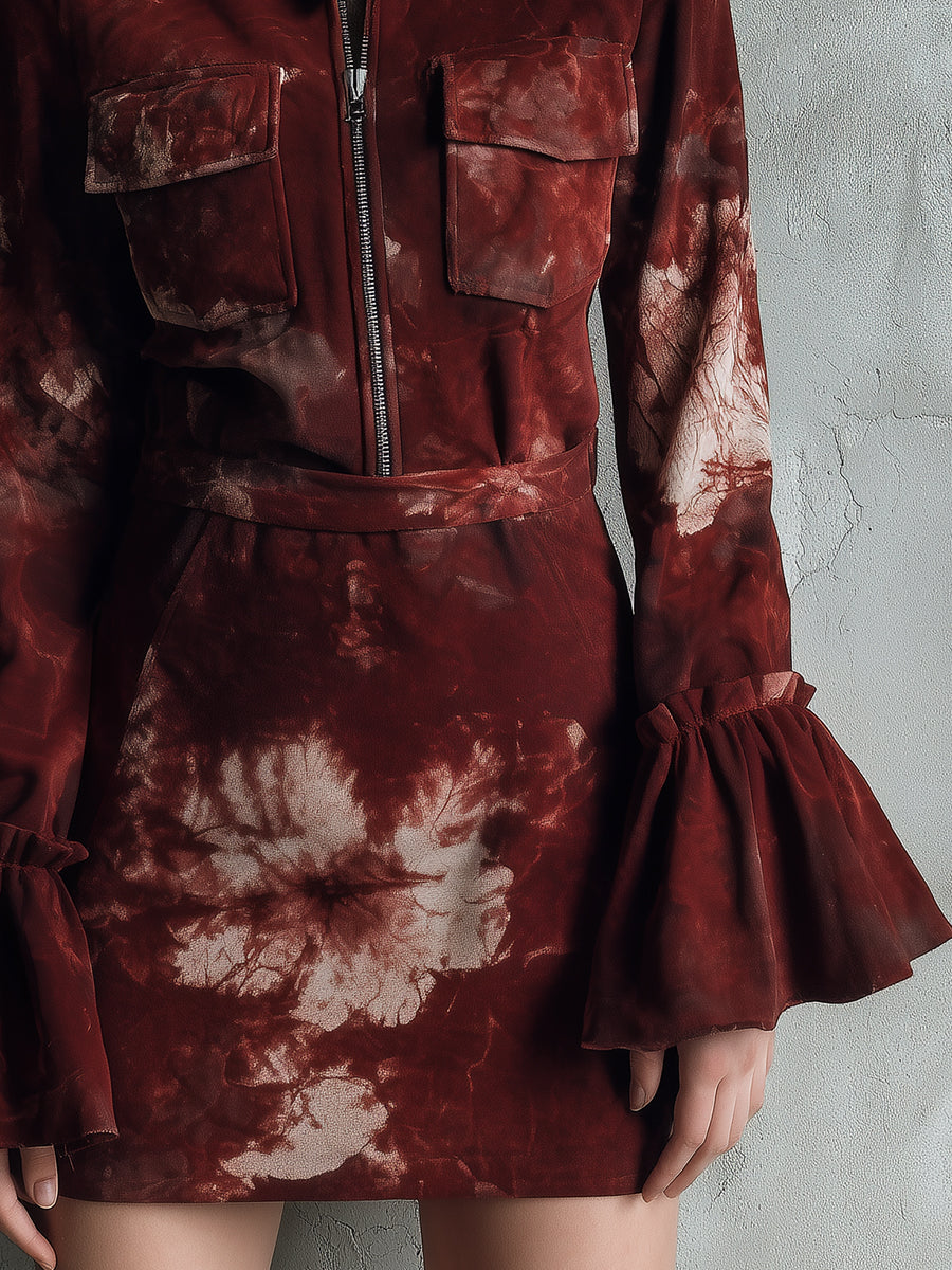 Bohemian Ruffled Cuffs Printed Polyester Suede Mini Dress