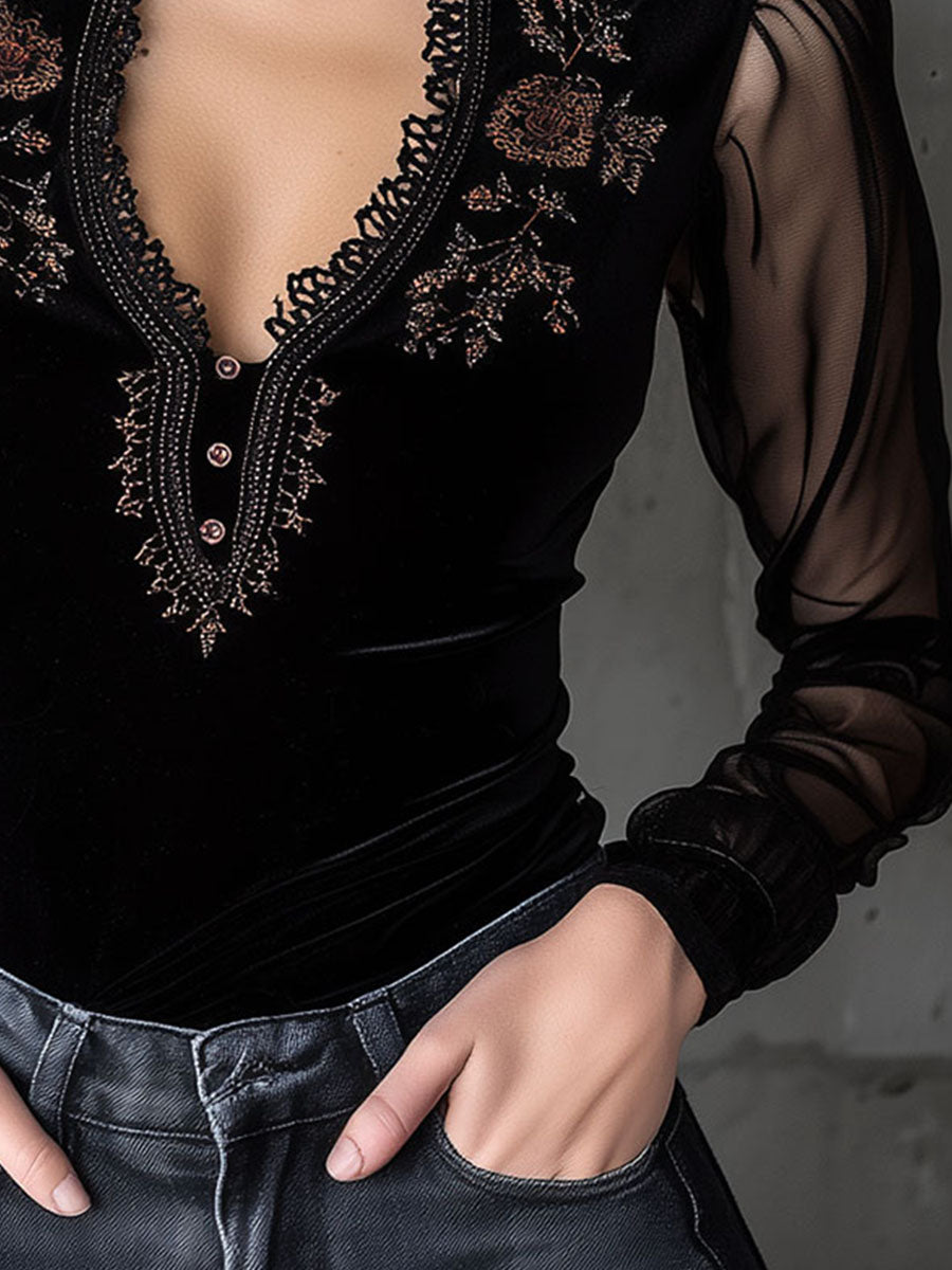 Floral Embroidery Velvet Sheer Sleeve Top With Lace Trim
