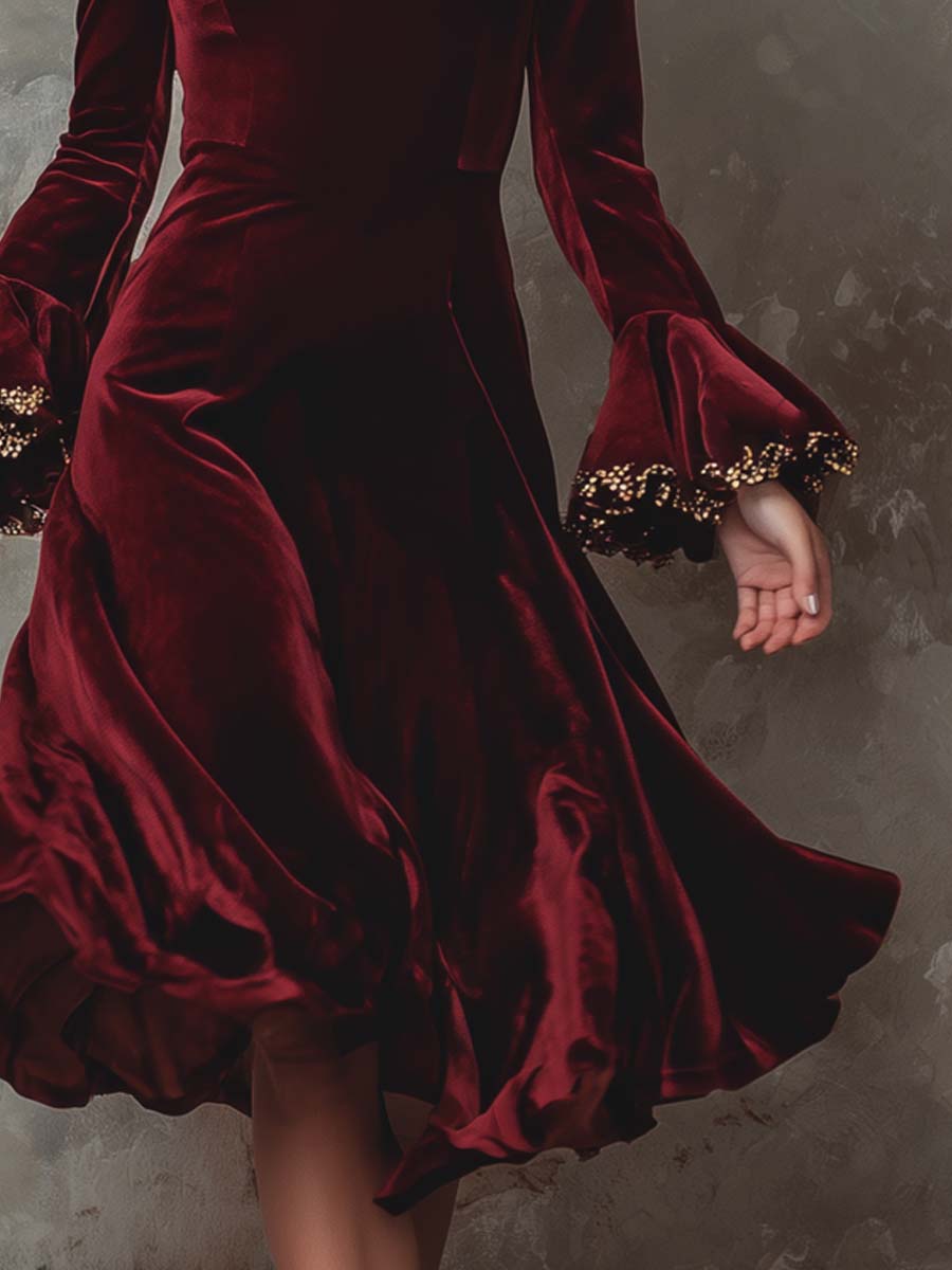 Vintage Gold Lace-trimmed Polyester Velvet Midi Dress