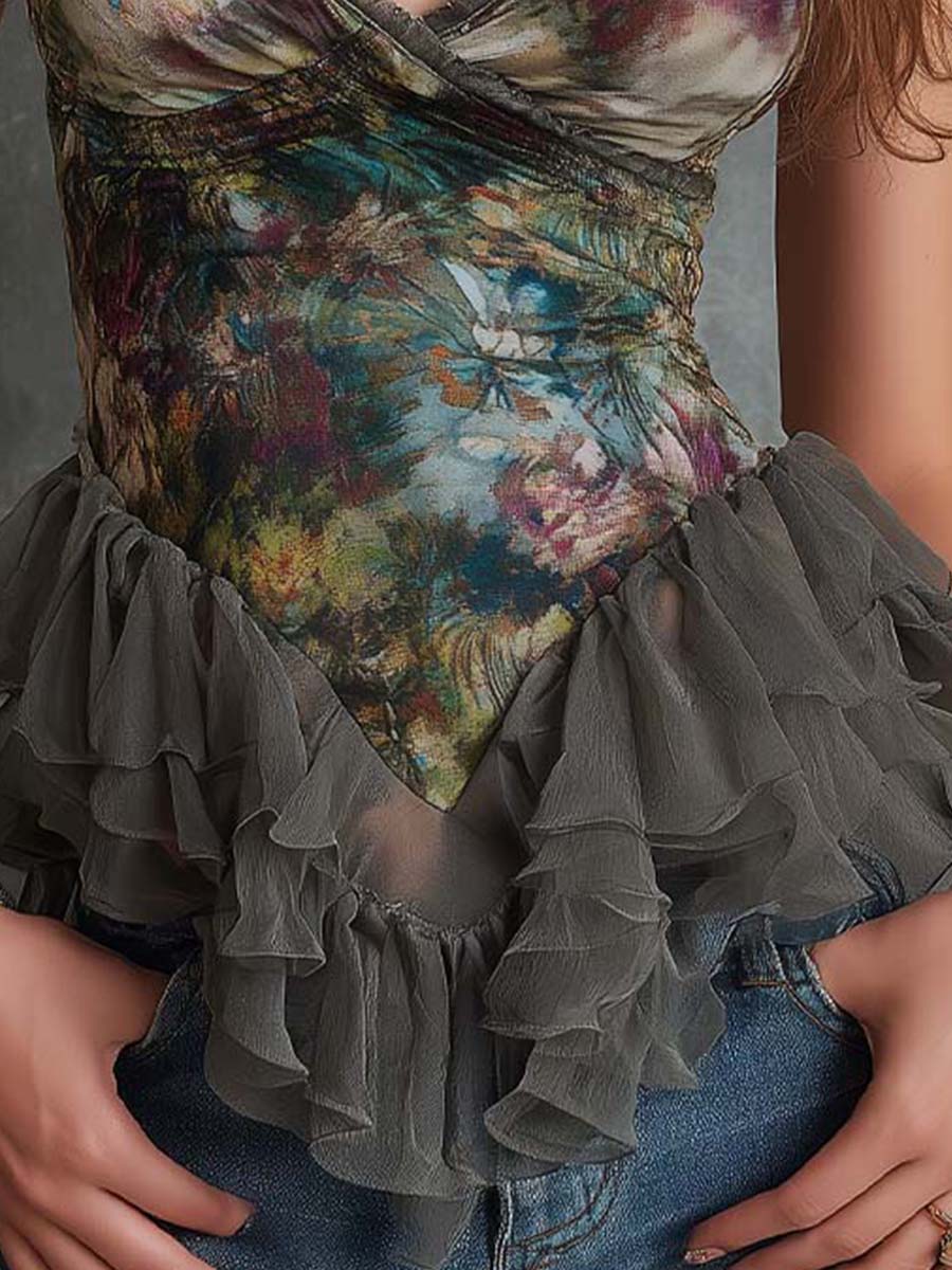 Boho Floral Chiffon Ruffle Peplum Top