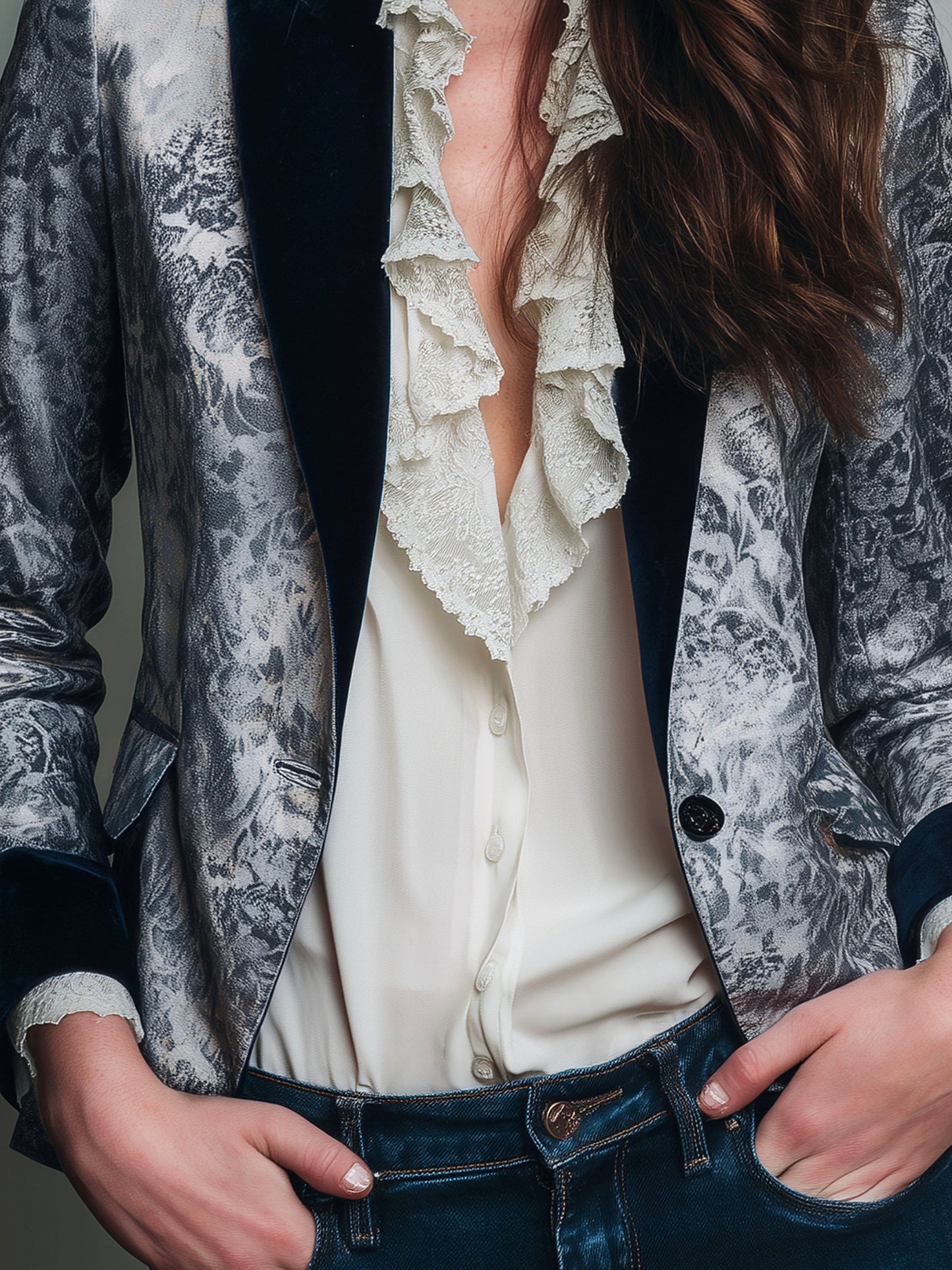 Elegant Silver And Midnight Blue Print Velvet Blazer