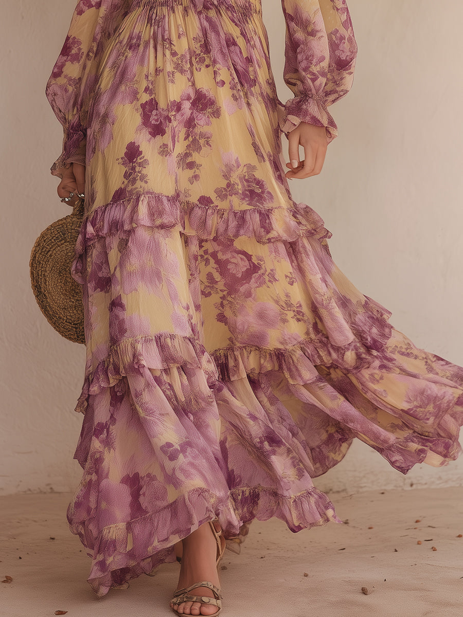 Bohemian Holiday Floral Pleated Waist Chiffon Ruffle Hem Maxi Dress