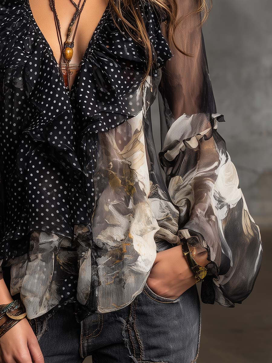 Bohemian Vintage Polka-Dot Ruffle Chiffon Blouse