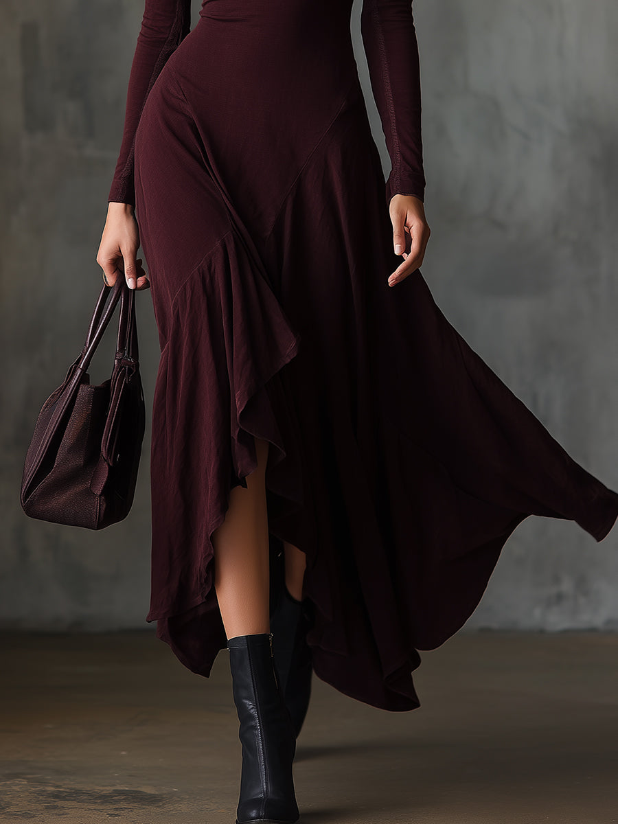 Bohemian Washed Cotton Half-zip Front Ruffled Asymmetric Hem Maxi Dress