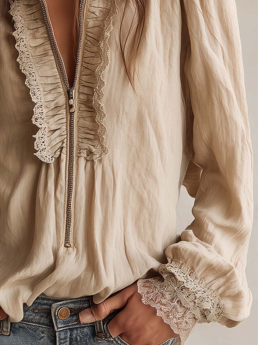Victorian Ruffle Lace Zip Blouse