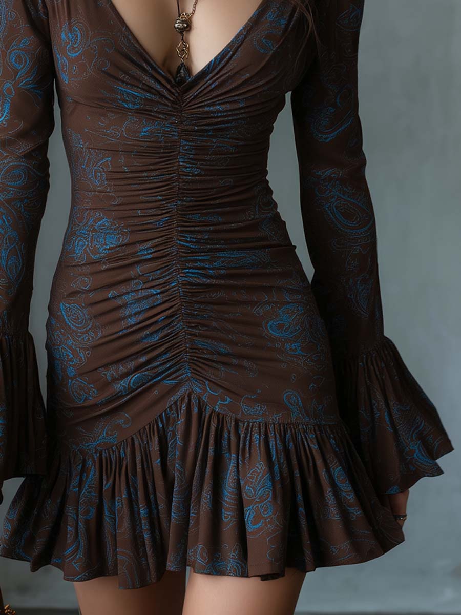 Retro Paisley Ruched Front Mini Dress