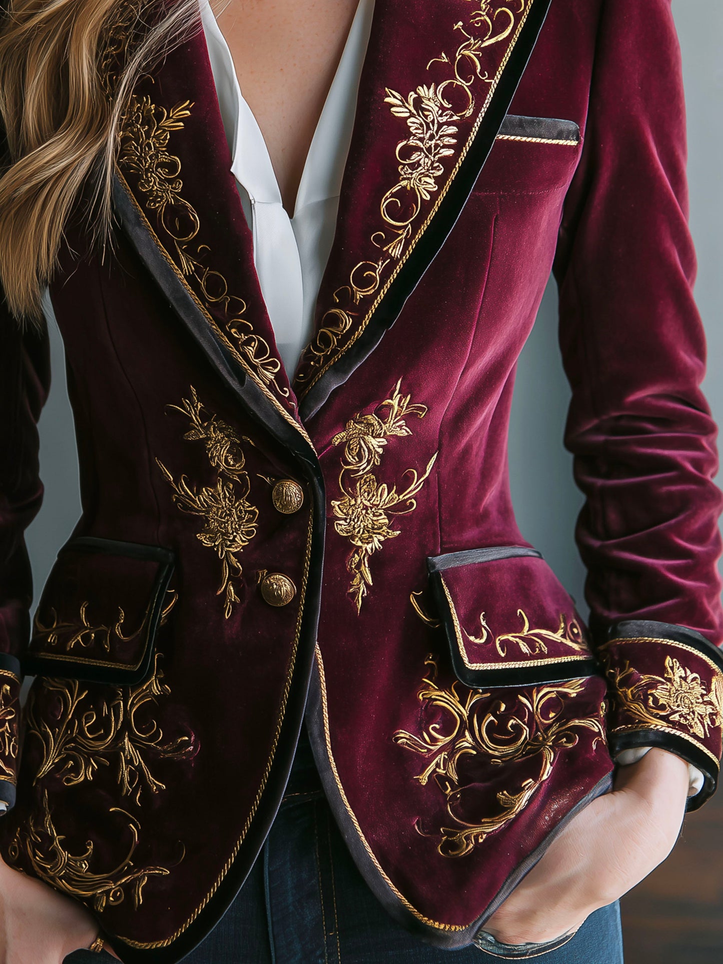 Vintage Burgundy Velvet Gold Baroque Embroidered Blazer