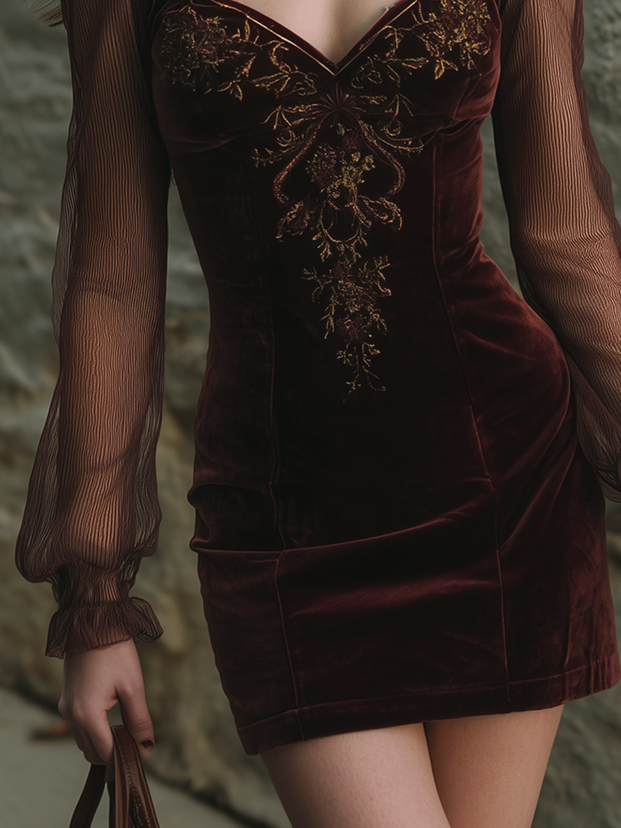 Elegant Burgundy Velvet Embroidered Mini Dress