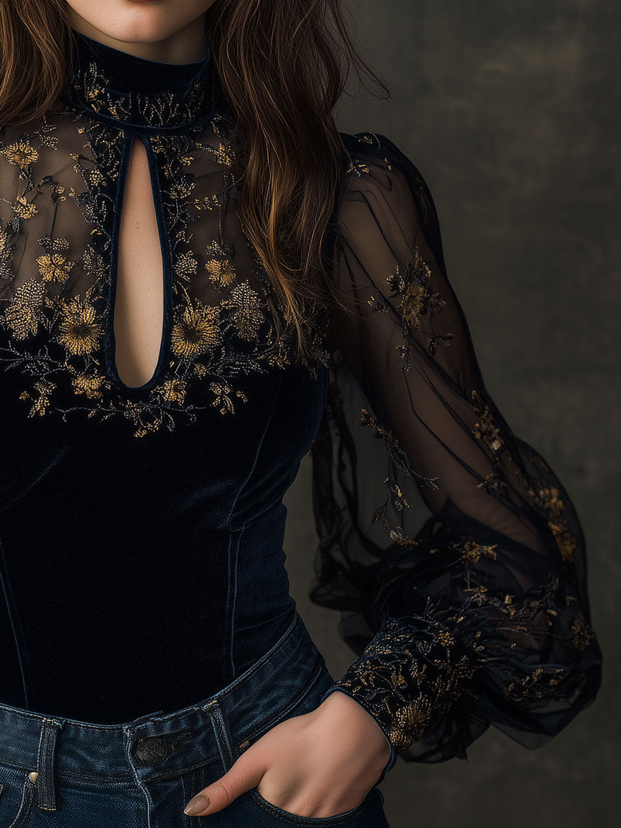 Retro Velvet Embroidered Mesh Stitching Blouse