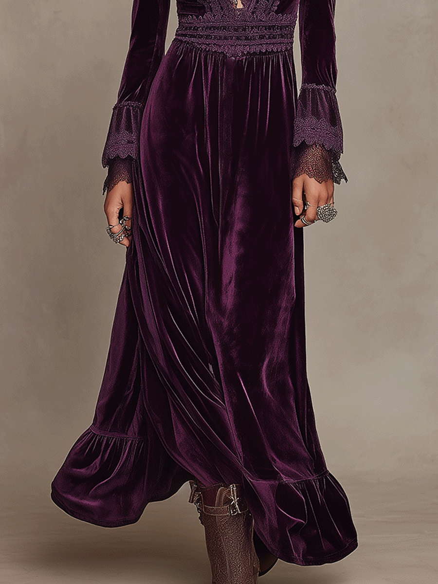 Elegance Boho Velvet Deep-V Lace Bohemian Maxi Dress