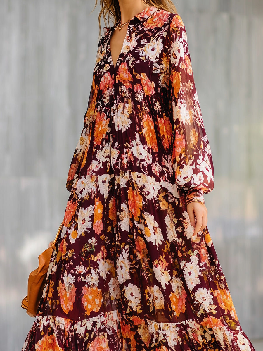 Holiday Bohemian Chiffon Print Ruffled Hem Maxi Dress