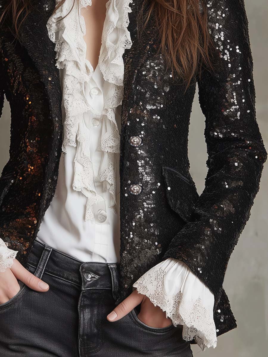 Retro Sequined Metal Button Blazer