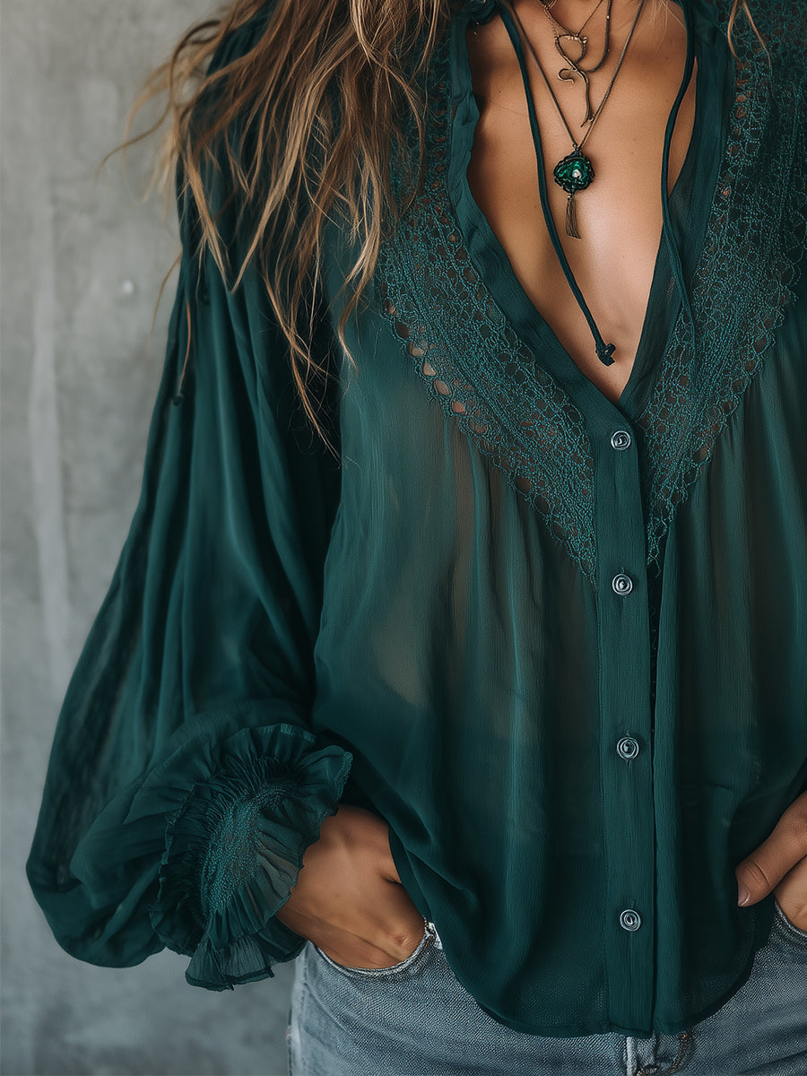 Quiet Luxury Chiffon Lace Splicing Tie Neckline Blouse