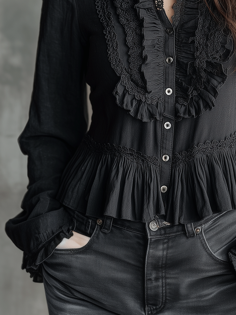 Vintage-Inspired Black Ruffle Button Blouse