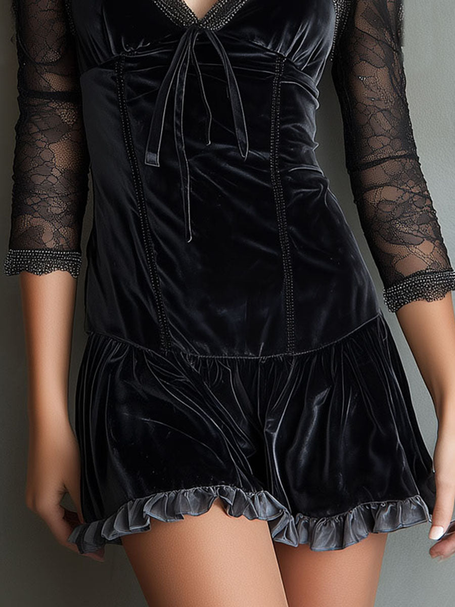 Elegant V-Neck Black Velvet And Lace Mini Dress