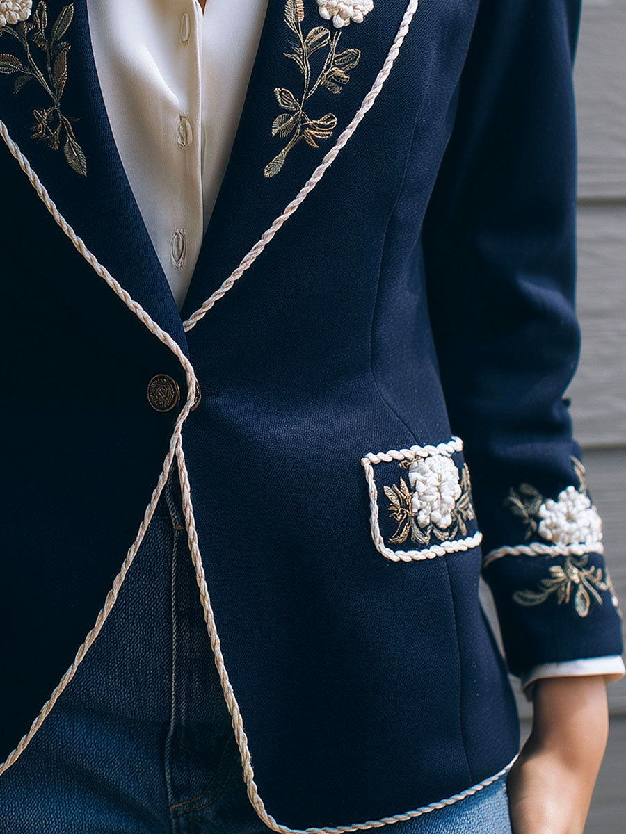 Navy Blue Woolen Blend Floral Embroidered Blazer