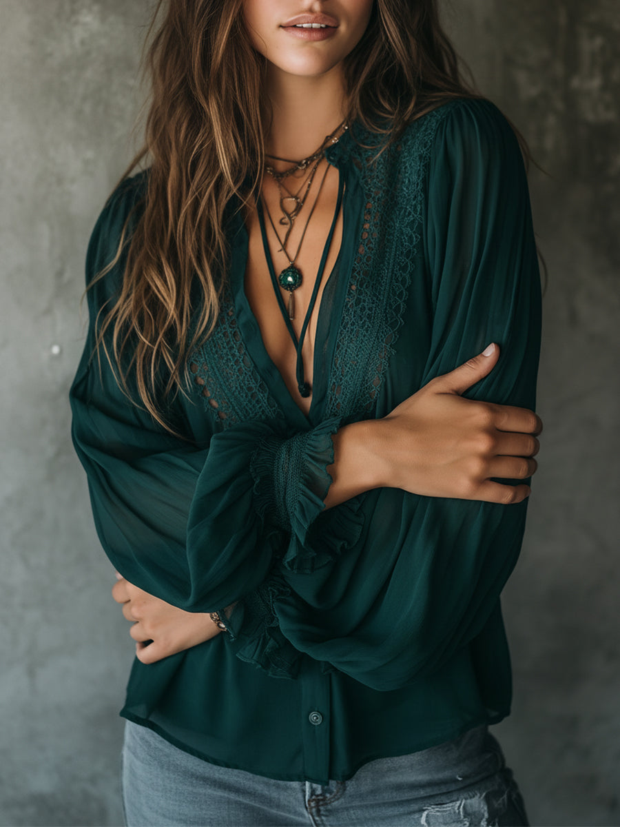 Quiet Luxury Chiffon Lace Splicing Tie Neckline Blouse