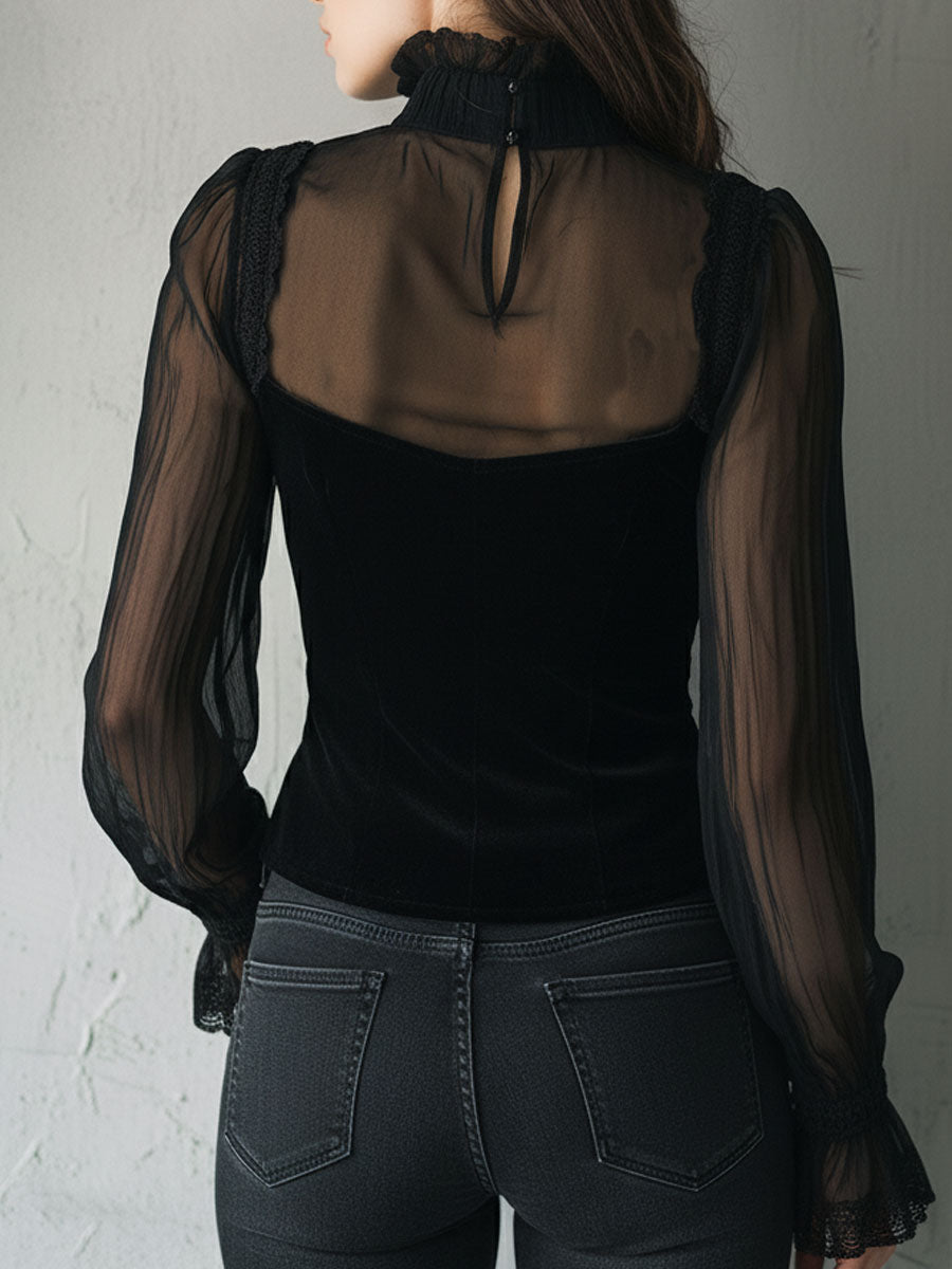 Gothic Lace Trim Black Velvet Corset Blouse With Sheer Sleeves