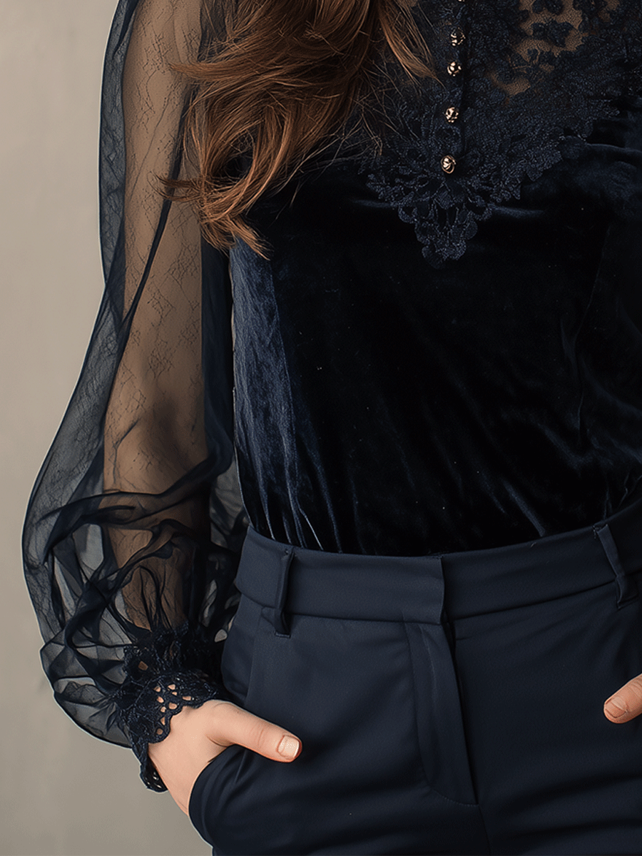 Elegant Navy Velvet Lace Panel Shirt
