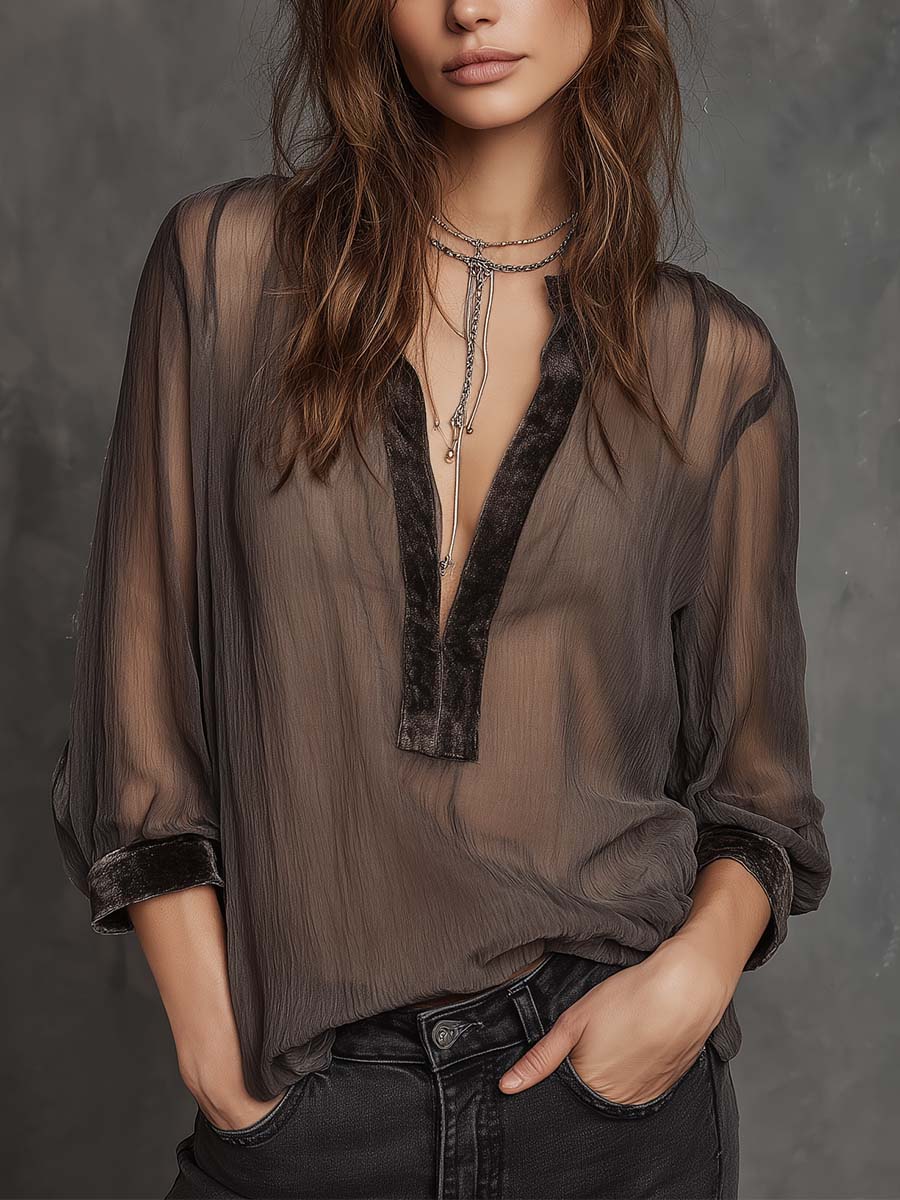 Crinkled Chiffon Top With Velvet Trim