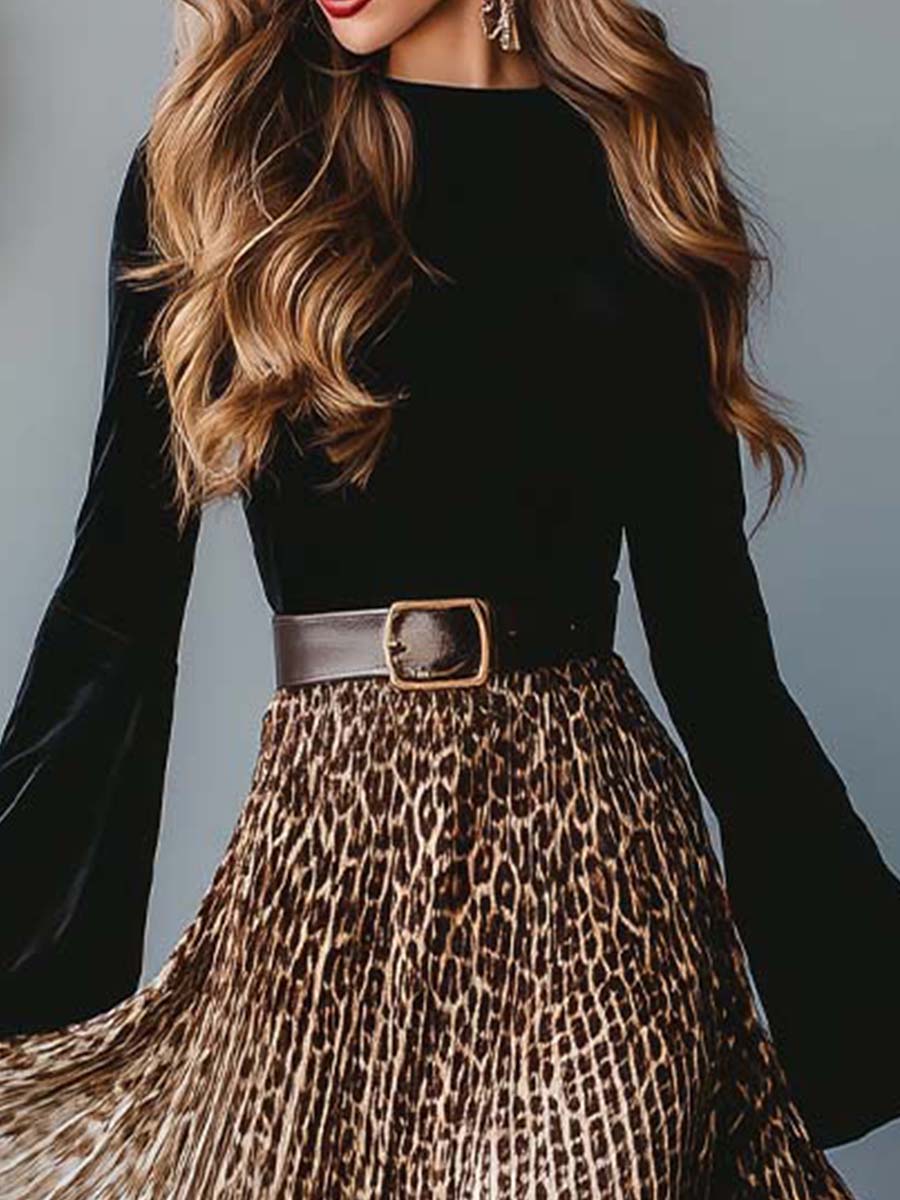 Leopard Ombre Pleated Maxi Dress with Fitted Velvet Bodice