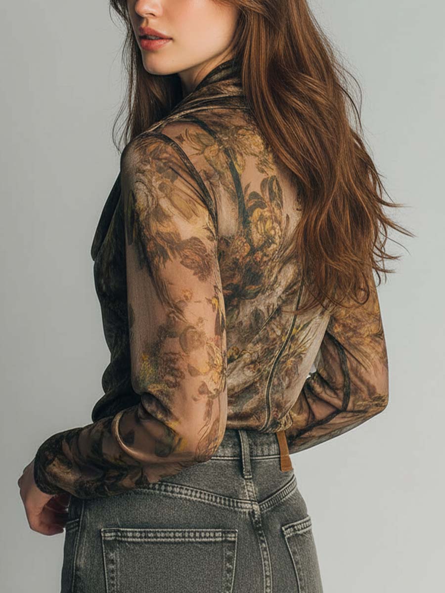 Sheer Floral Mesh Cowl-Neck Blouse With Soft Draping And Ruffled Sleeves