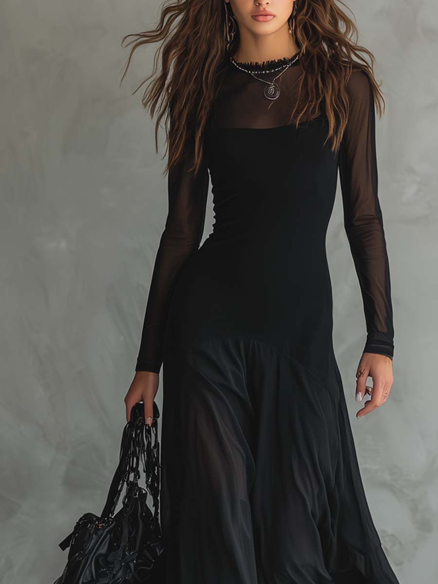 Retro Sheer Sleeves Maxi Dress
