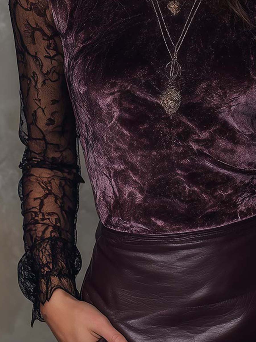 Velvet And Lace Gothic Sheer-Sleeve Top