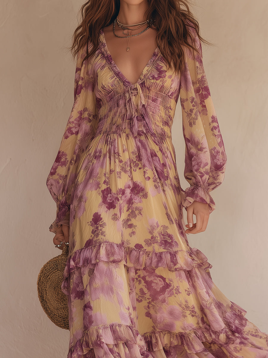 Bohemian Holiday Floral Pleated Waist Chiffon Ruffle Hem Maxi Dress