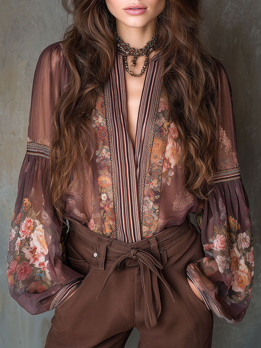Vintage Sheer Floral Bohemian Blouse In Chocolate Mocha