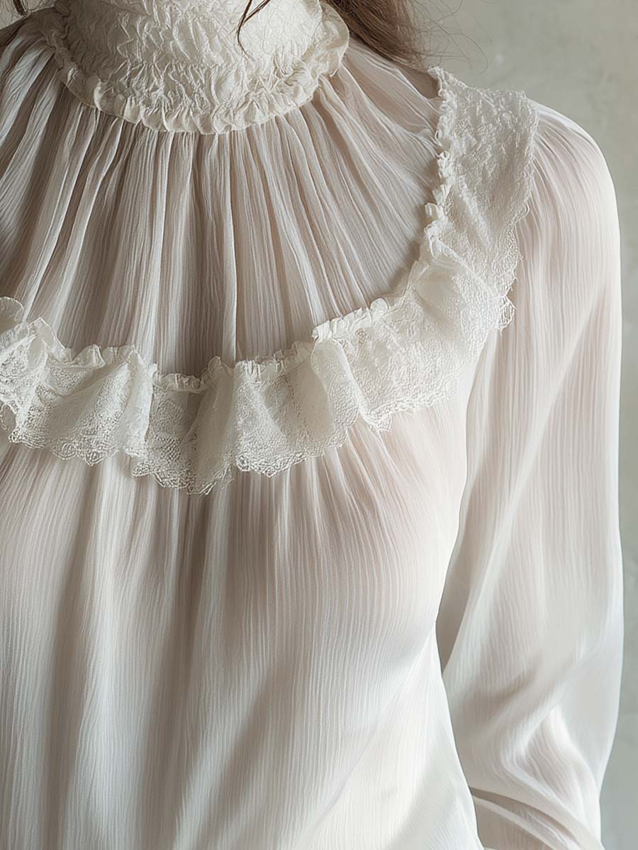 Victorian Lace High-Neck Blouse – Ivory White