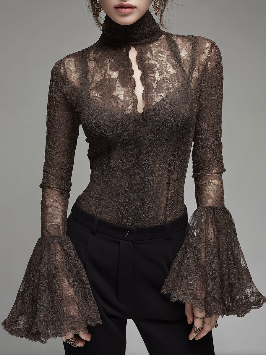 Lace Flared-sleeve Blouse With A Tie-neck Detail