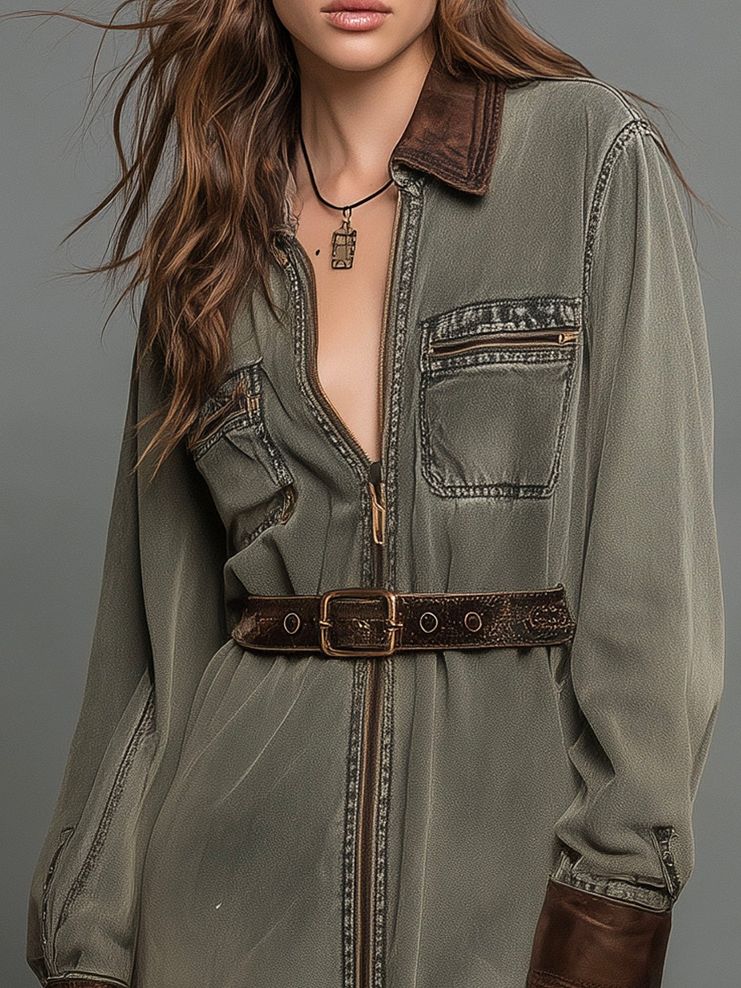 Olive Green Washed Utility Shirt Dress With Contrast Details