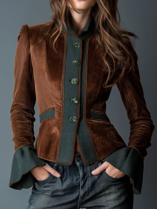 Vintage Brown Corduroy Fitted Jacket With Contrast Trim
