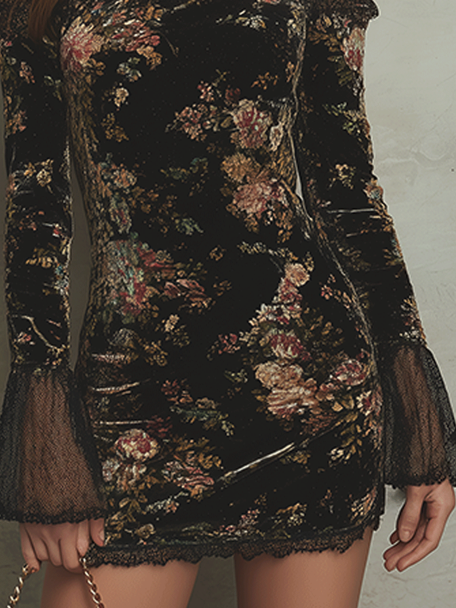 Vintage Black Velvet Floral Lace Cold-Shoulder Mini Dress