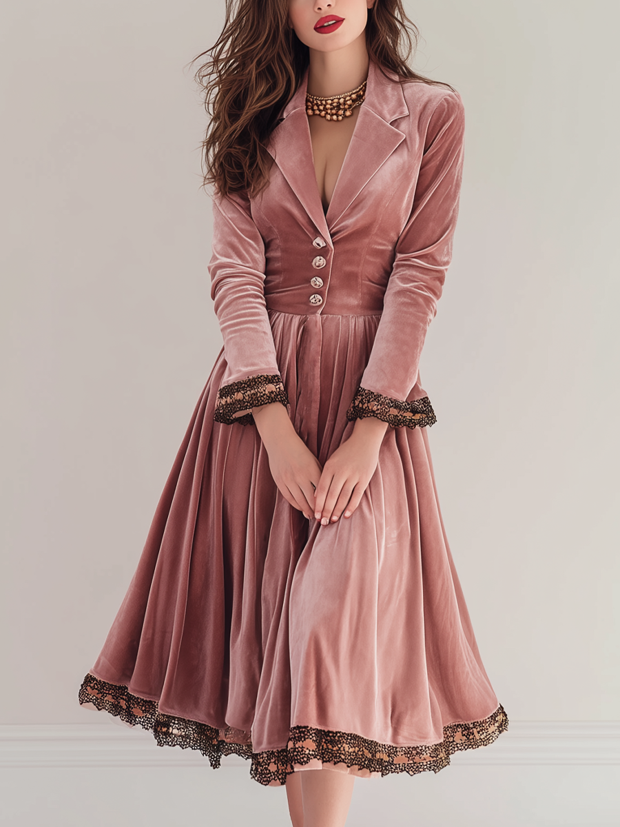 Vintage Lace-trimmed Polyester Velvet Midi Dress