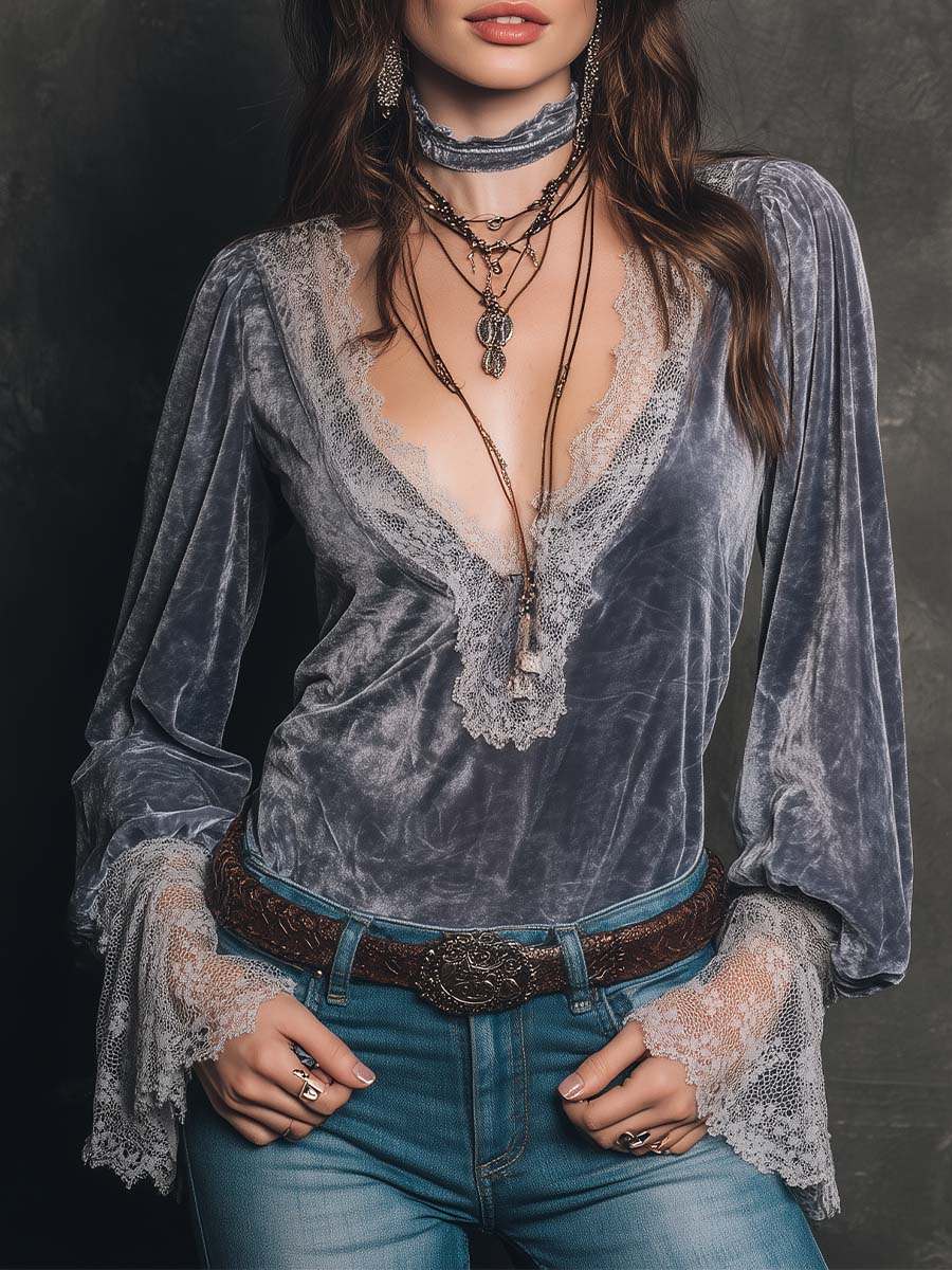 Vintage Gray Purple Velvet Lace Cuff Top