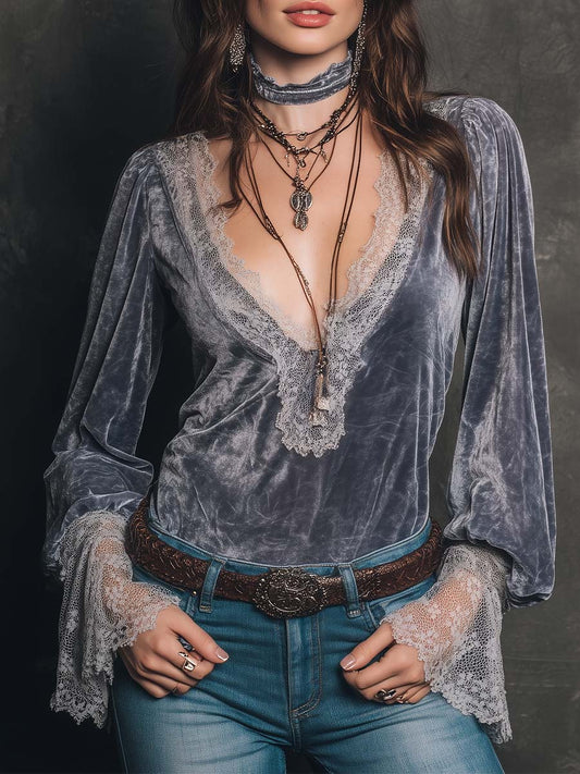 Vintage Gray Purple Velvet Lace Cuff Top